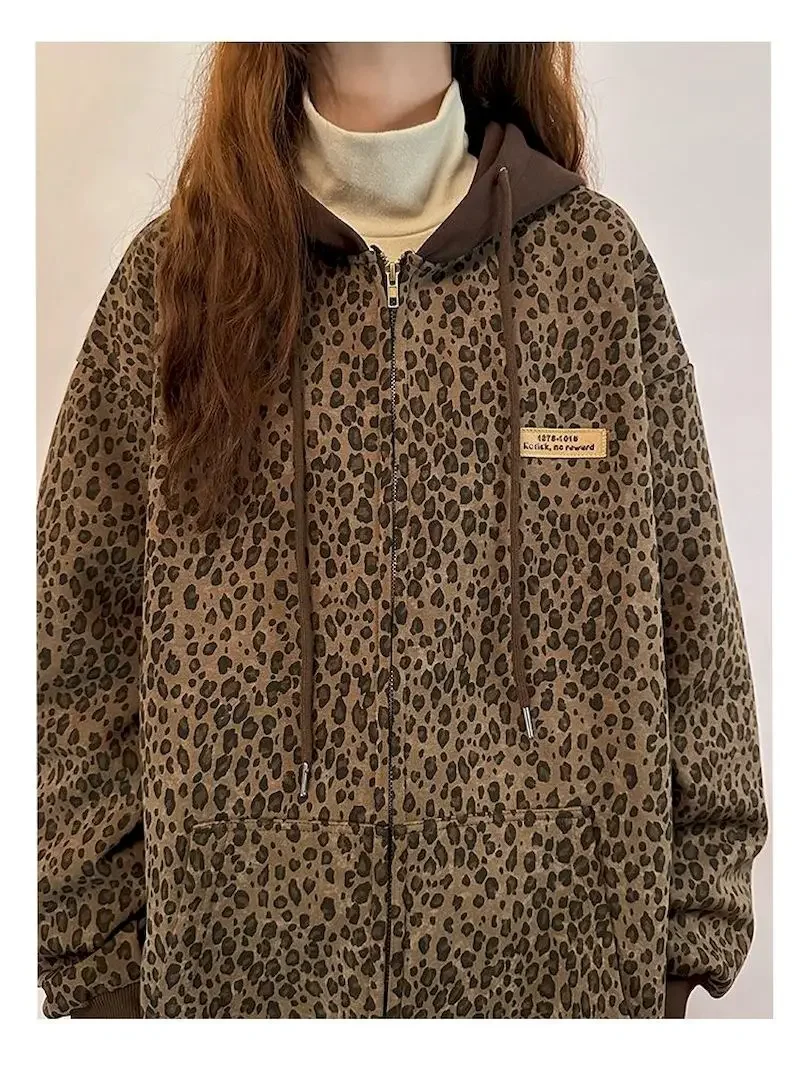 Leopard Hoodies Women Thicken Hooded Zip Up Jacket Fashion Design Plush Vintage Hoodie Spring 2024 New in Korean Hooded Coat Y2k