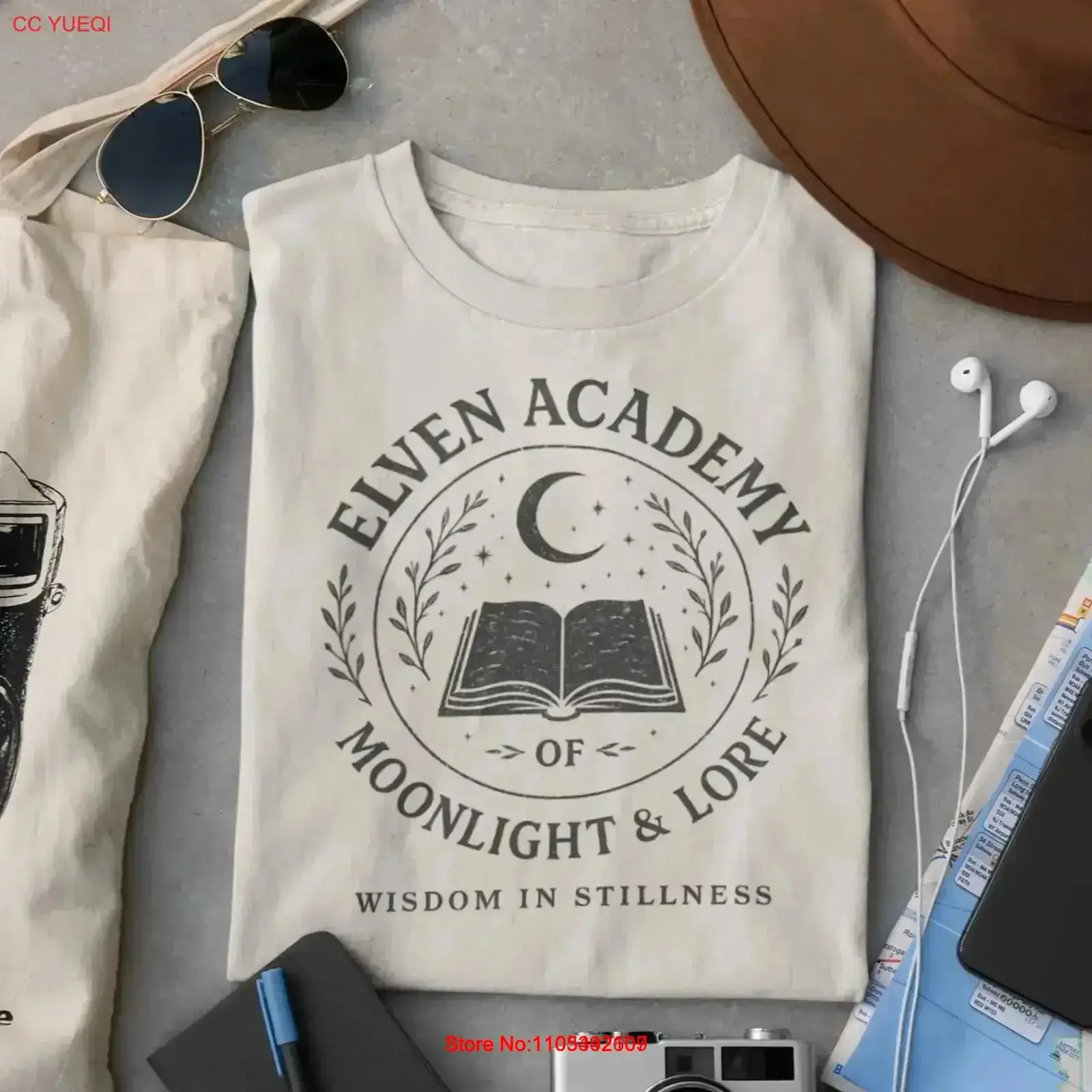 Футболка Elven Academy Moonlight and Lore: Мудрость в безмолвии, эльфийская фантазия, дизайн для любителей магических книг и волшебной школы, винтажный стиль