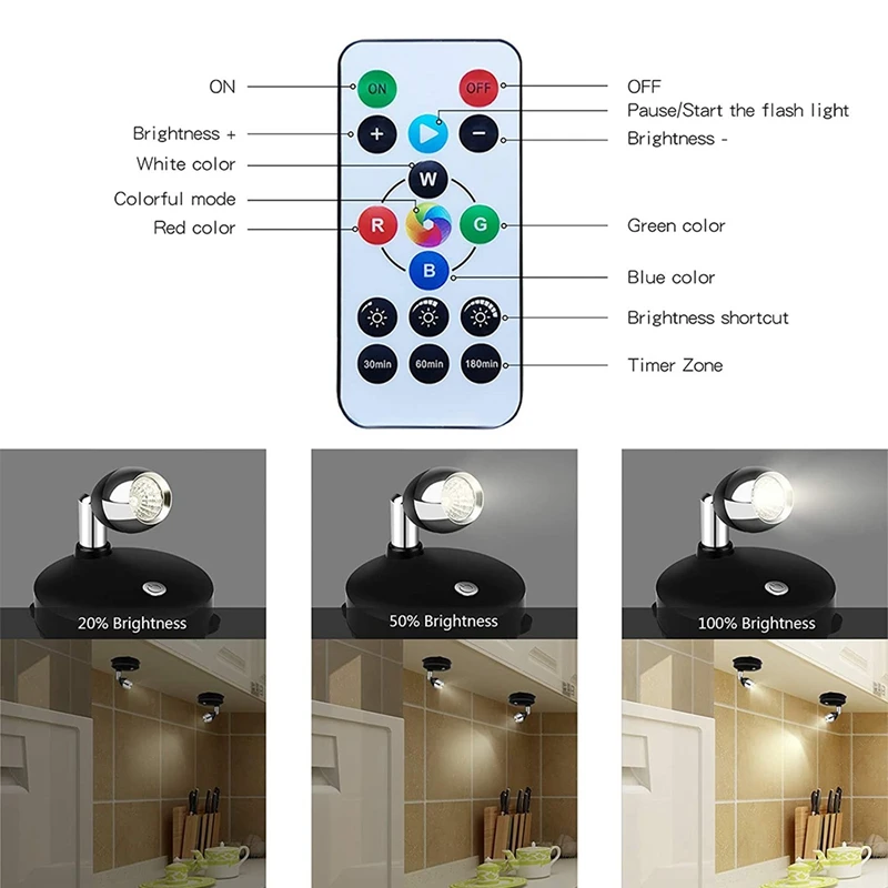 Faretto Wireless luci di accento a batteria, faretti a LED dimmerabili con applique da parete girevole a distanza (confezione da 2)