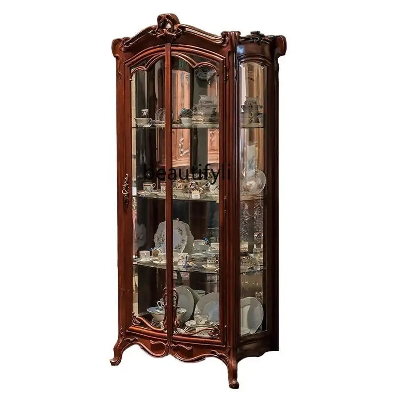 American solid wood wine cabinet, living room glass dining side storage, red wine display cabinet, carved decorative cabinet