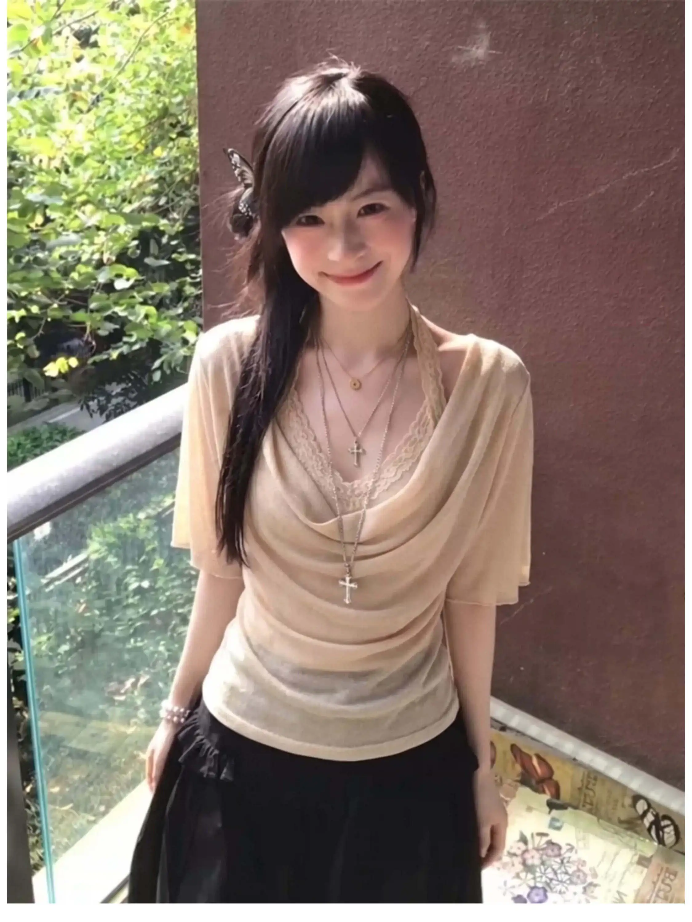 Elegant Lace Collar Mid-Sleeve T-Shirt Women's French Style Slim Fit High Waist Breathable Comfortable Skin-Friendly Casual Top