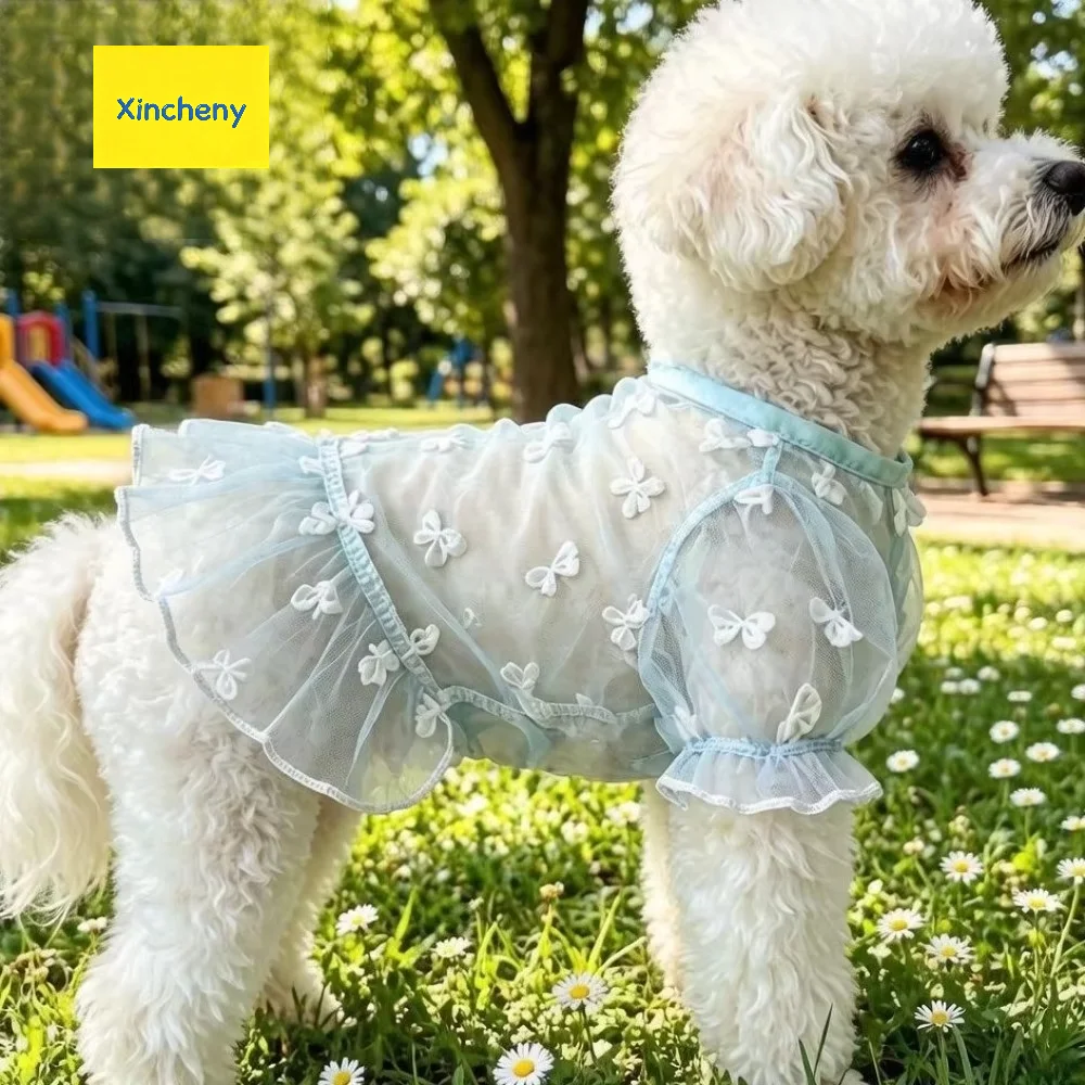Dog Sun Protection Mesh Skirt Cute Bow Ruffle Uv Cooling Breathable Lightweight Soft Mosquito Proof Beach Puppy Summer Hot New