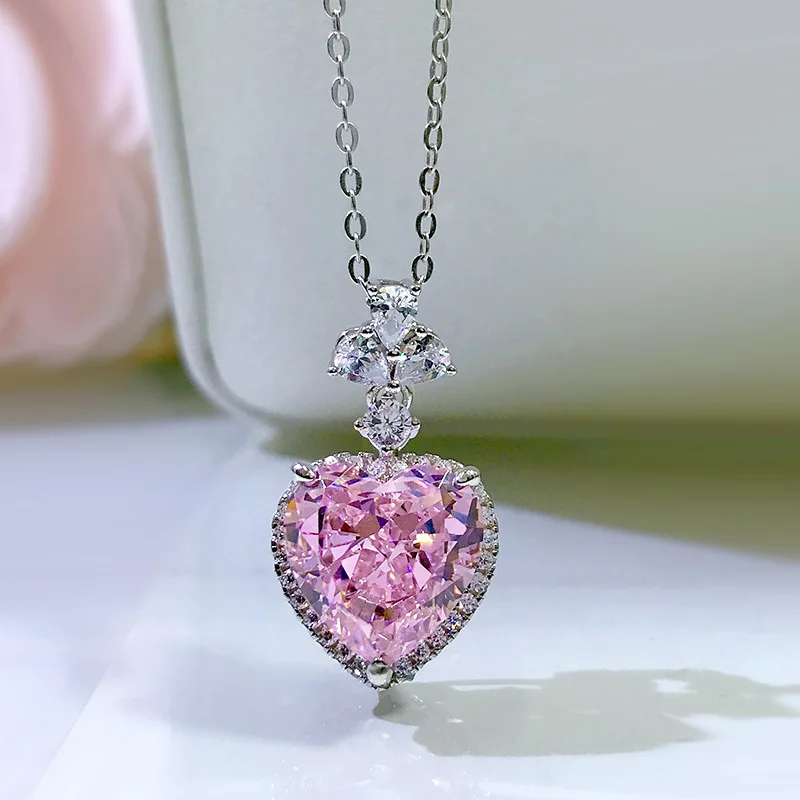 S925 Silver Heart Necklace Cross Chain Inlaid 12 * 12 Main Stone Women's Neckchain Wholesale