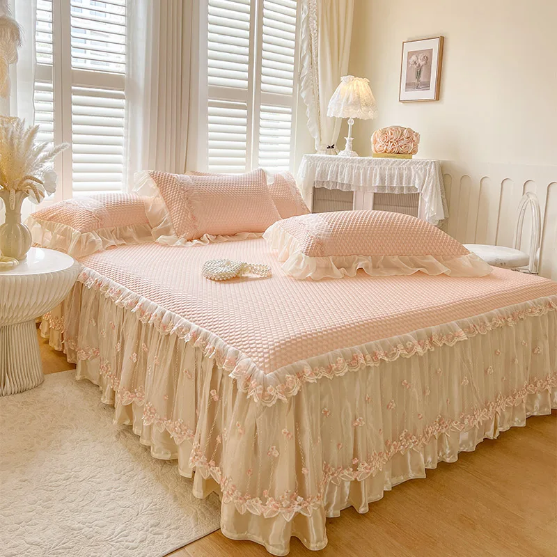 AIWINSURE-Summer Bedspread King Size, for Double Size, Cooling Bed Covers, Elegant Soft Bed Skirt, with 2 Pillowcases, Pink