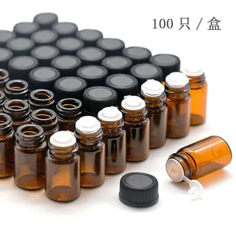 100pcs 1ml Small Amber Glass Vials Bottles Containers With Orifice Reducer Black Lid For Doterra Essential Oil Sample Perfume