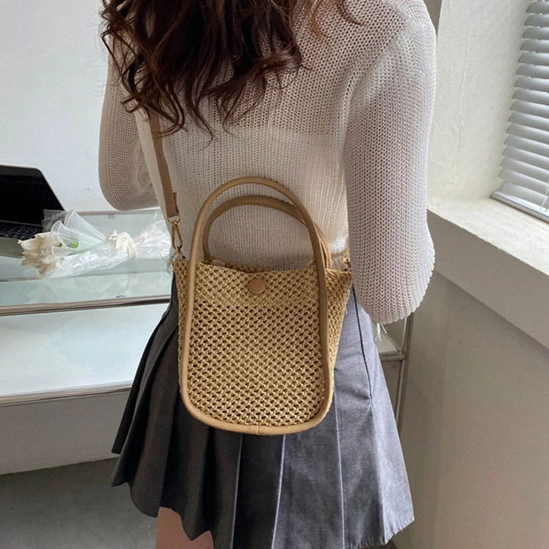 Bolso de hombro tejido a mano para mujer, bolsa de cubo de playa para vacaciones de verano, bolso de mano Rural fresco, bolso cruzado tejido de hierba