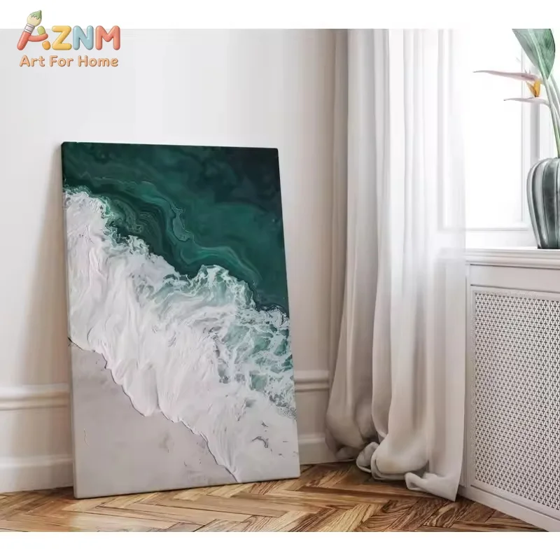 AZNM Abstract Green Ocean Wave Fluid Art Canvas Wall Art Modern Seascape Texture Print Unframed Canvas Painting for Living Room