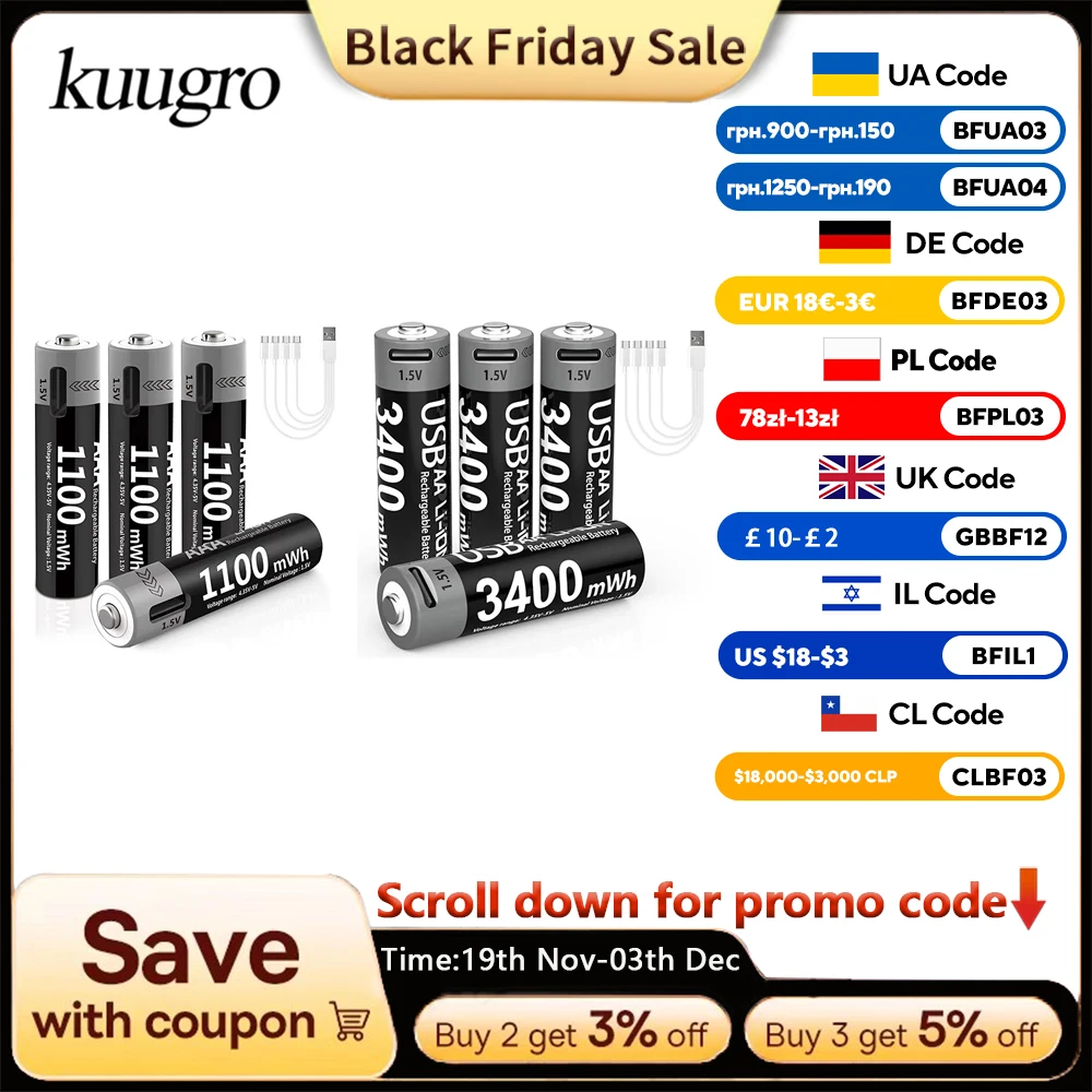 Kuugro Li-ion AAA and AA Rechargeable Batteries USB Lithium-ion 3400mWh 1.5V AA Rechargeable Batteries+1100mWh 1.5V AAA Battery