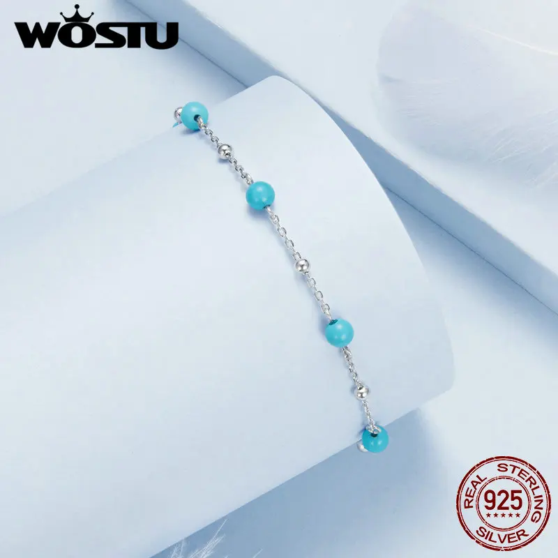 WOSTU 925 Sterling Silver Turquoise Bracelet For Women Party Dating Gift S925 Luxury Jewelry Blue Synthetic Turquoise 15+6cm