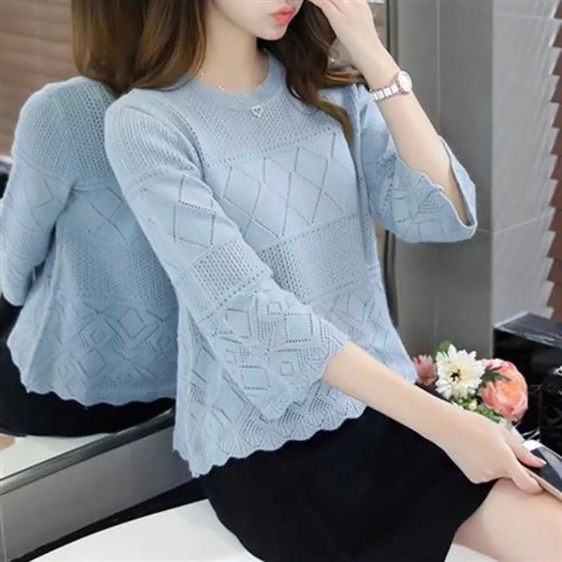 Women Autumn Korean Loose Fashion Hollow Out Solid Color O-neck 3/4 Sleeve Knitwear Ladies All-match Knitting Bottoming Shirt