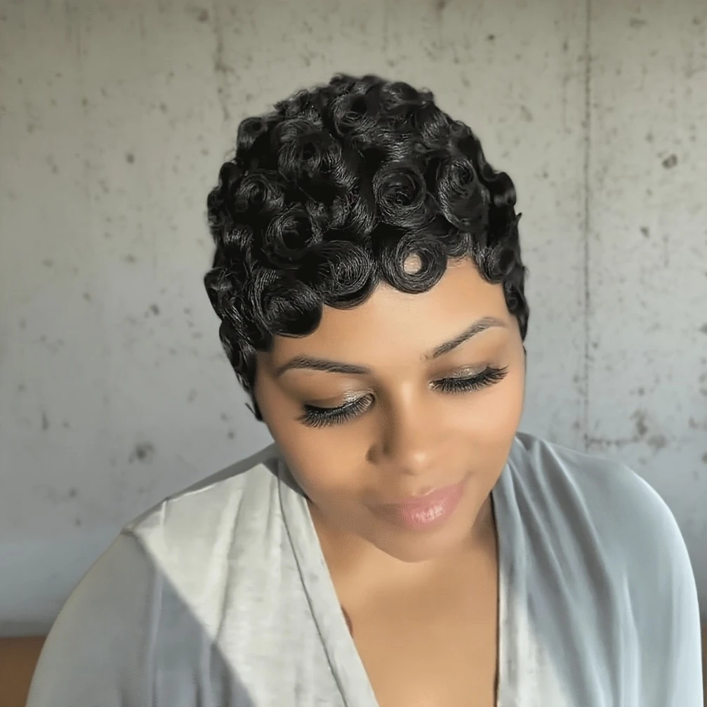 

Curly Wave Pixie Cut Wigs Brazilian Remy Human Hair Wig for Women Curly Wave Full Machine Made Wigs 150% Density 6 Inch