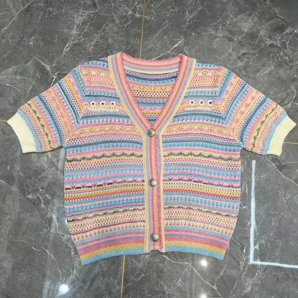 

2025 New Summer Color Hot drilling Short-sleeved Sweater Women V Neck Thin Knitted T-shirt Sweater Female