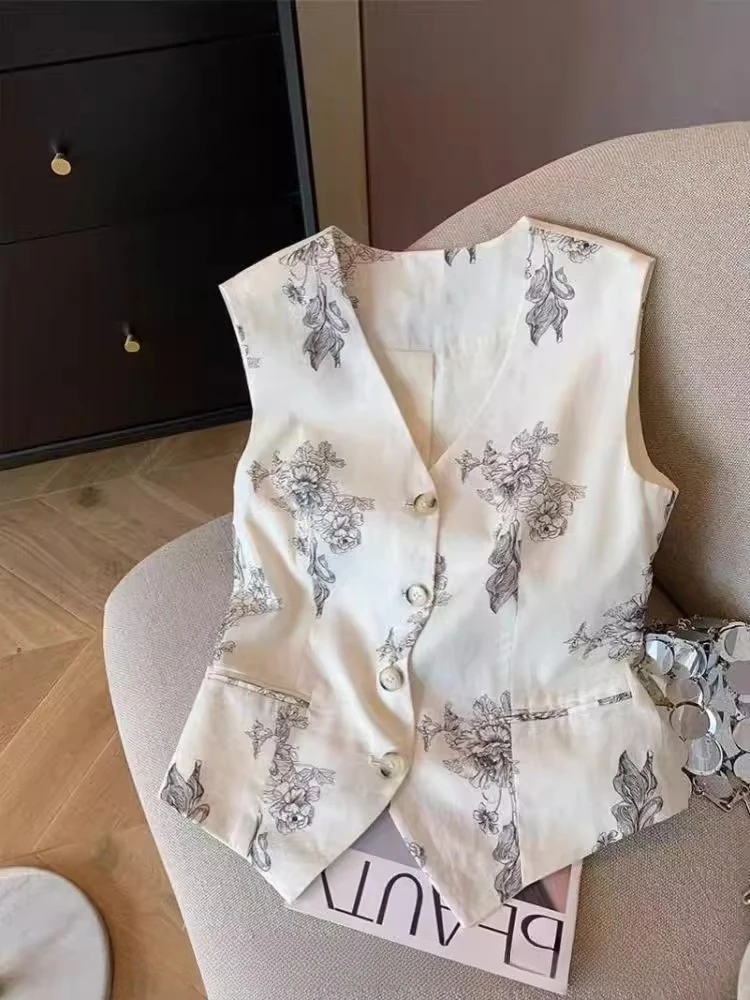 

Vintage Elegant Botanical Floral Print Vest Women Notched Collar Button Front Fitted Sleeveless Blazer Top