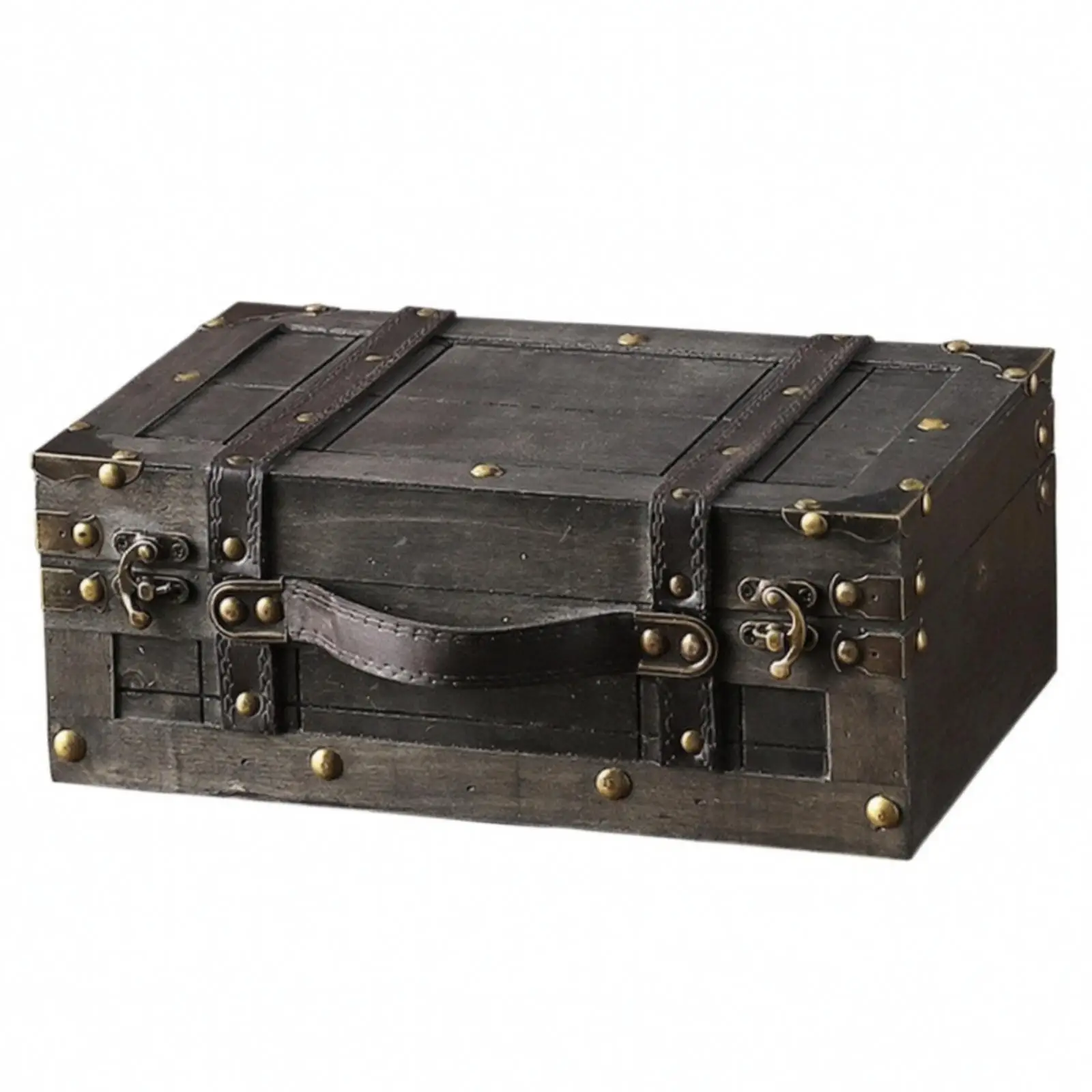 Vintage Wood Storage Box with Decorative Metal Trim and Rivets Rustic Organizer Chest for Bedroom Accessories and Keepsakes