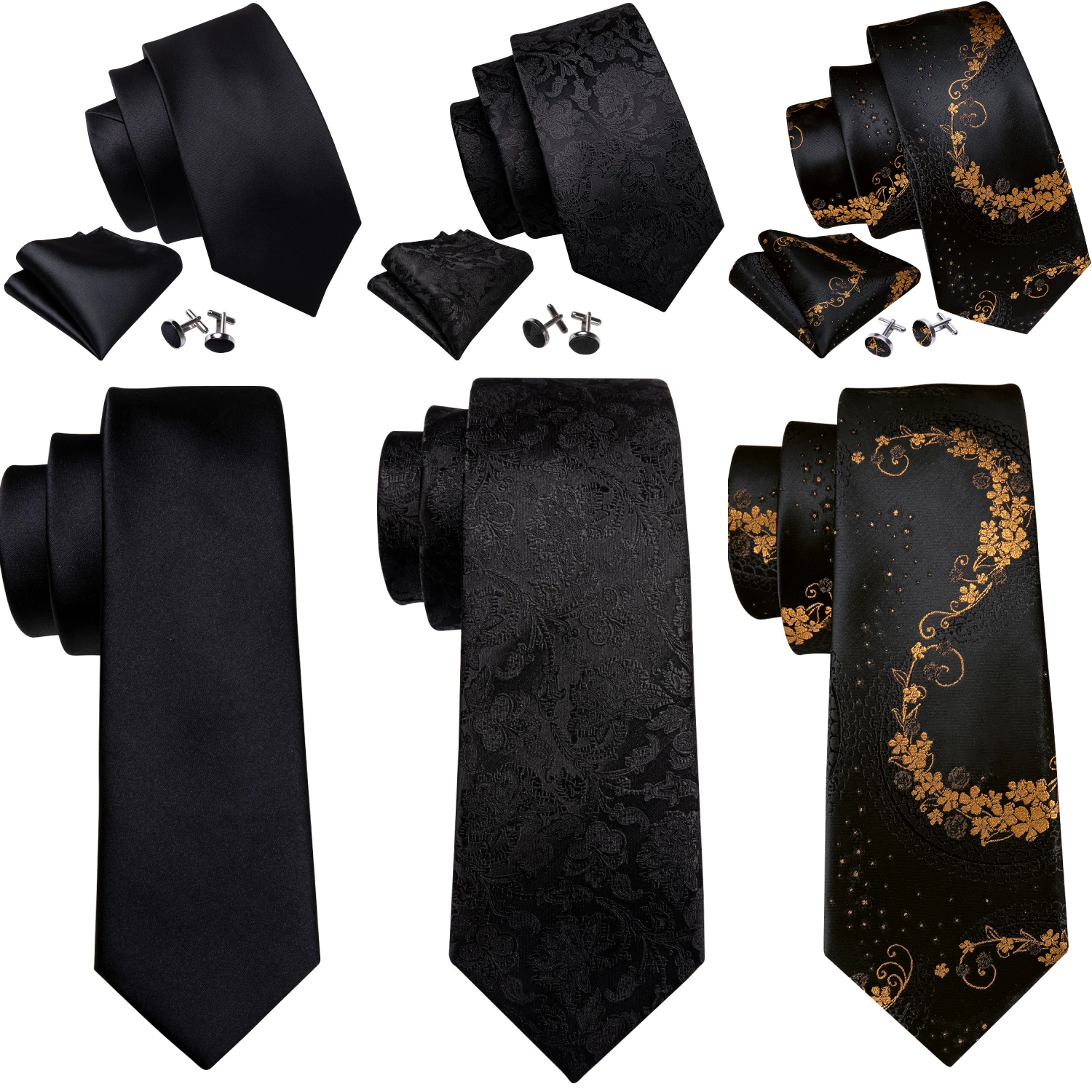 

Barry.Wang Jacquard Black Men's Tie With Pocket Square Cufflinks Set Exquisiet Necktie For Male Wedding Business