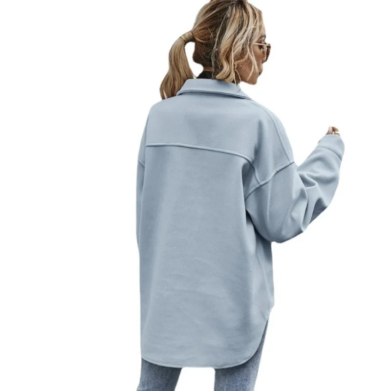 Europäischen und Amerikanischen Herbst Drehen-unten Kragen Einreiher Einfarbig Langarm Hemd Woolen Lose Mantel frauen top