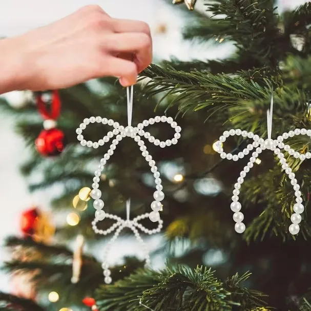 

6/12/24pcs New Hand Woven Imitation Pearl Bow Christmas Decoration Christmas Fringe Pendant Holiday Room Decor Supplies