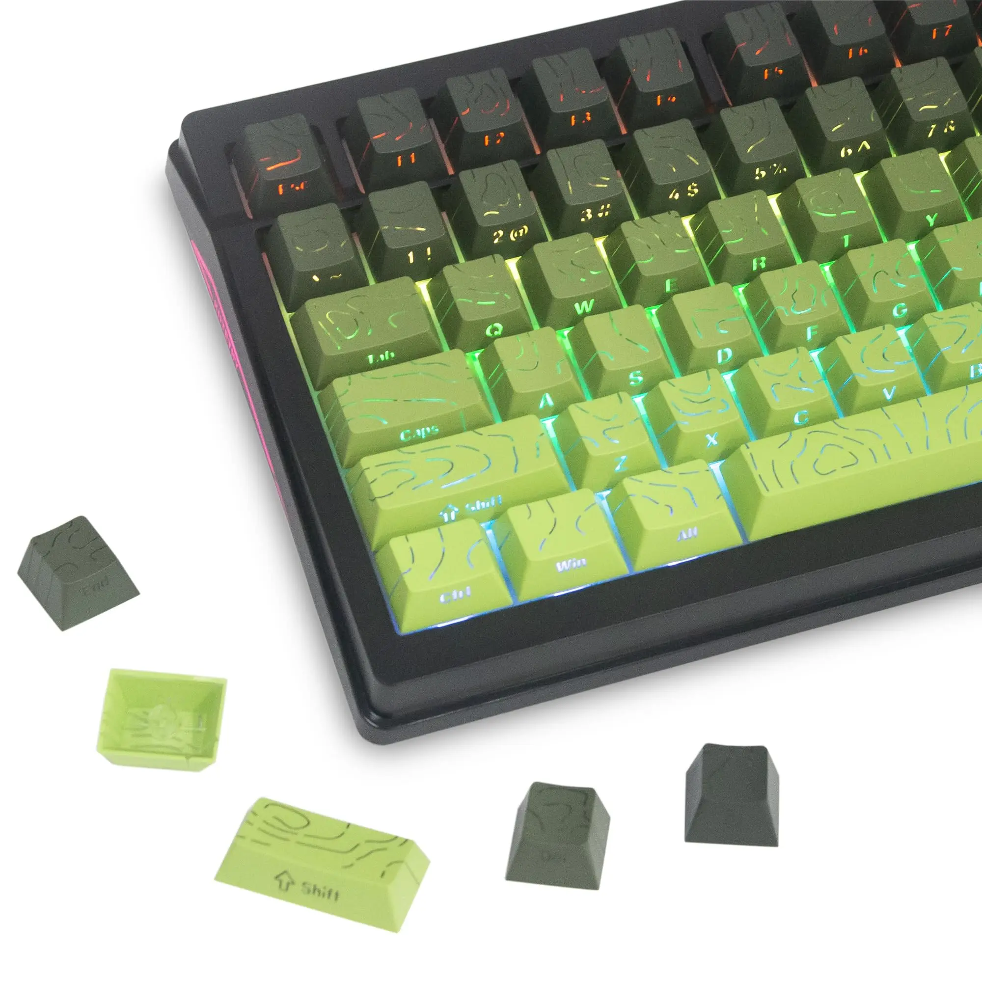 

135 Key Gradient Tea Green Topographic PBT Keycaps Set Side Print Doubleshot Shine Through Keycap Cherry Profile Minimalist