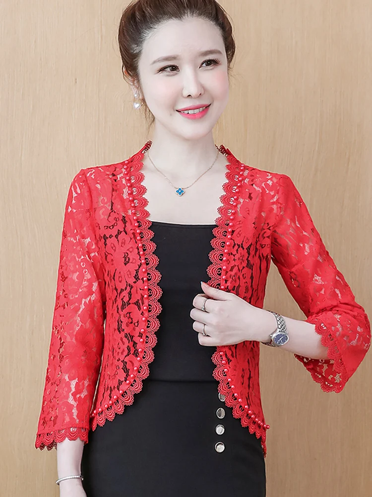 Fashion Long Sleeve Women Jacket Black White Beading Hollow Lace Cardigan Jacket Women Clothes Coat Women Jackets for Women G39