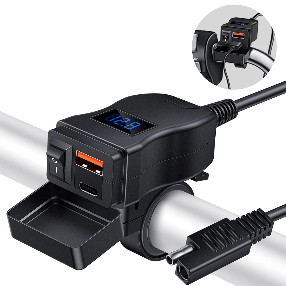 Motorcycle USB Fast Charger Waterproof USB Type C Charger 12V Power Supply Adapter with Switch Voltmeter Socket