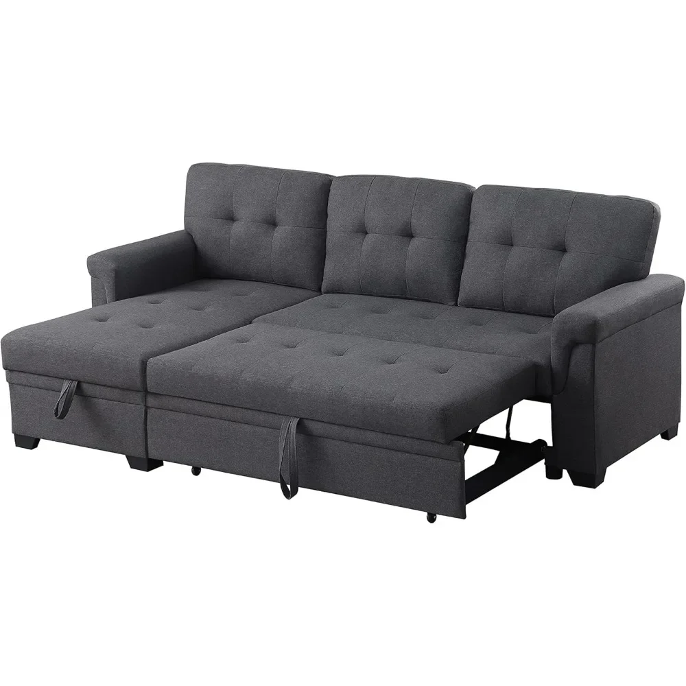 84" W Linen Reversible Sleeper Sectional Sofa with Storage Chaise