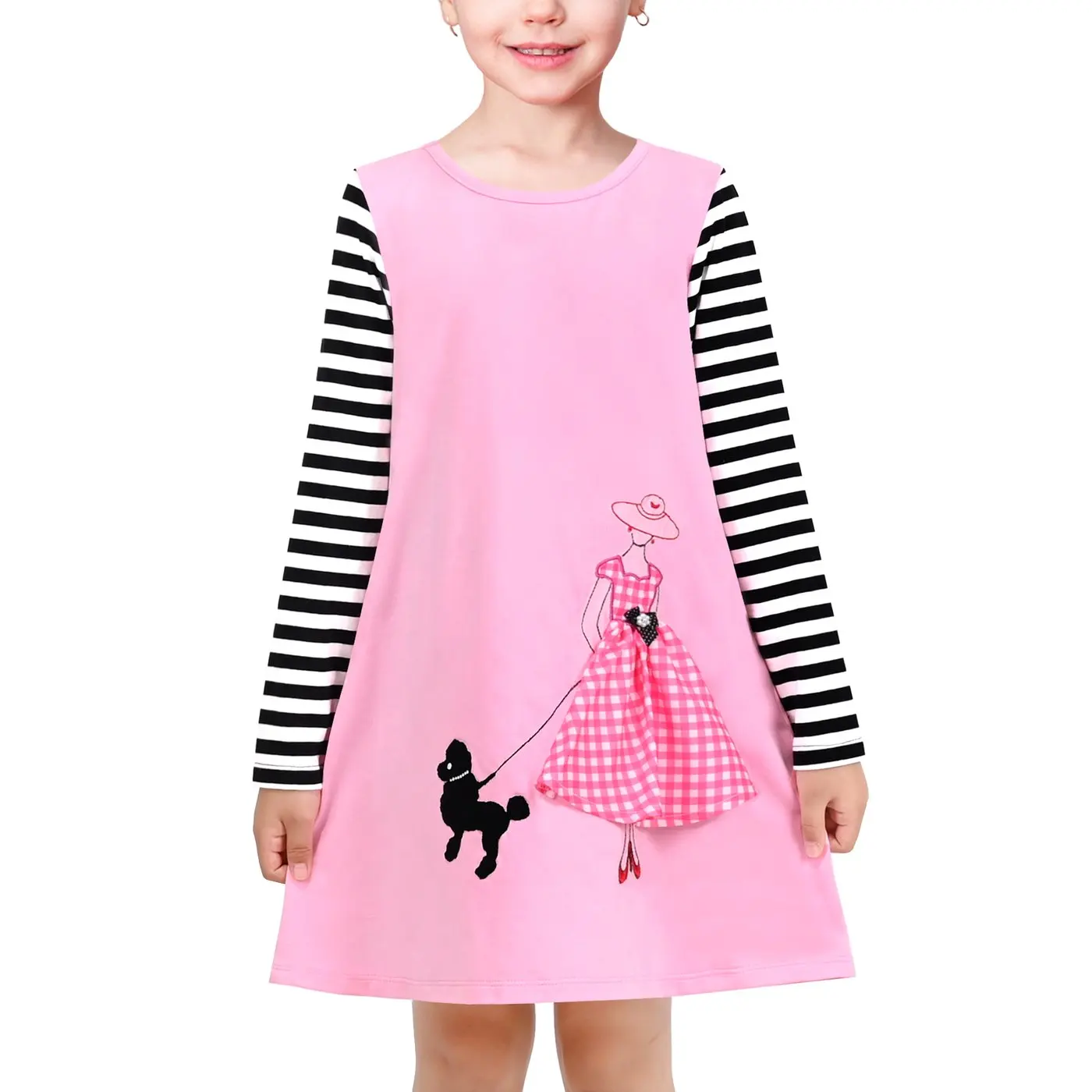 Girls Dress Pink Cartoon Lady Walking Dog Embroidery Plaid Long Sleeve