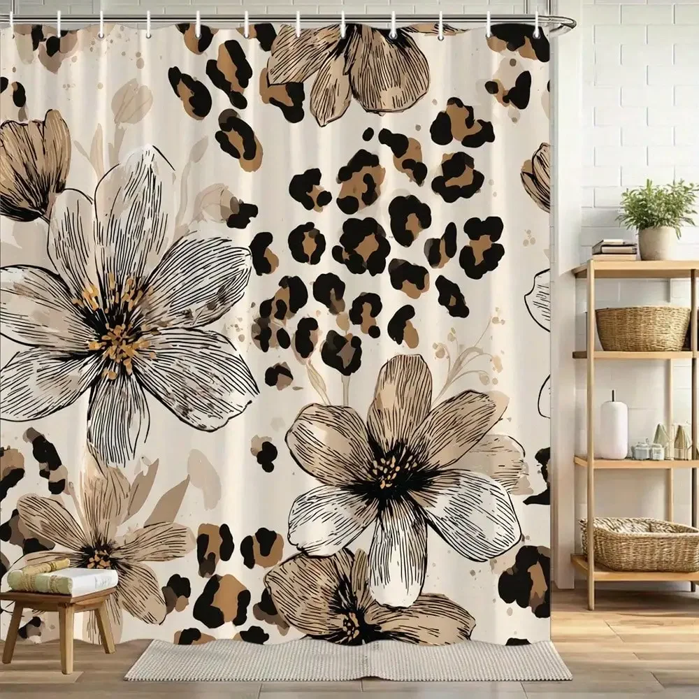 [Floral Leopard Shower Curtain] 2D Flat 1pc Floral Leopard Print Shower Curtain, Exotic Floral Pattern with Leopard Print on a Cream-Colored Background, Shower Curtain Bathtub Partition Curtain with Exquisite Line Art Details
