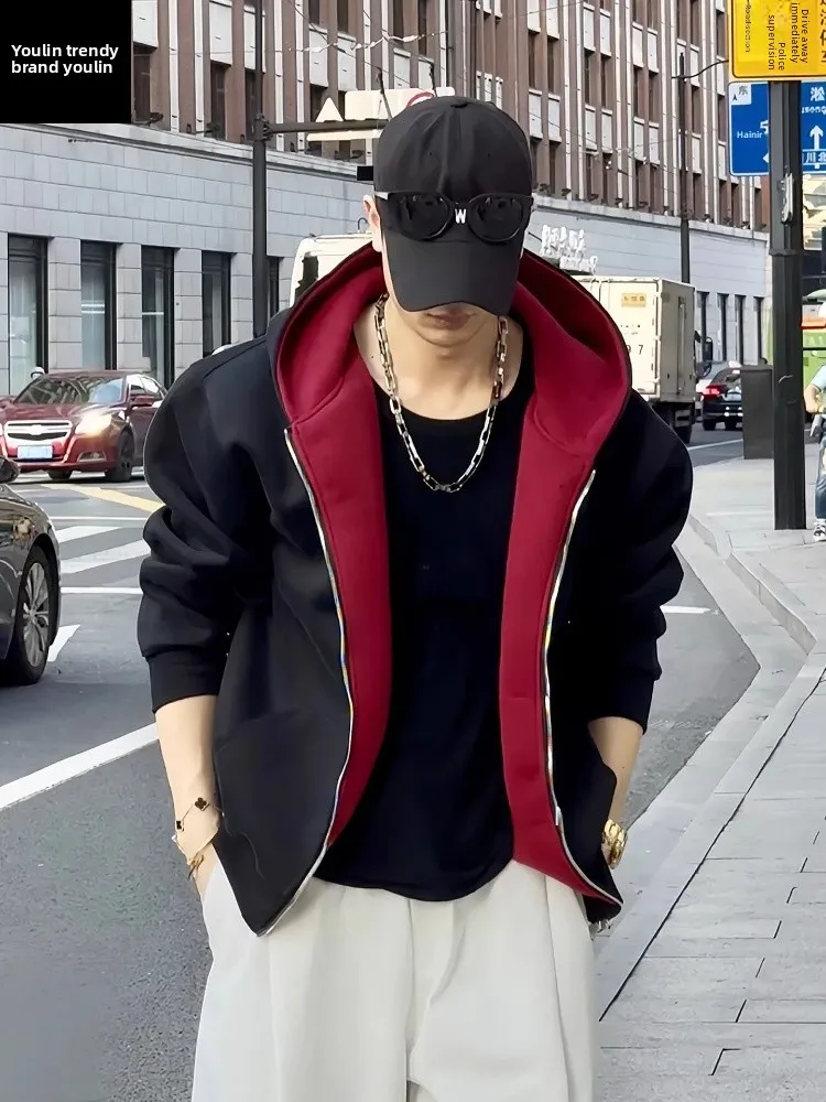 

Мужская толстовка на молнии из плотного полиэстера (600 г/м²) в американском стиле, жесткая и прочная, осенняя верхняя одежда, повседневная, свободного кроя