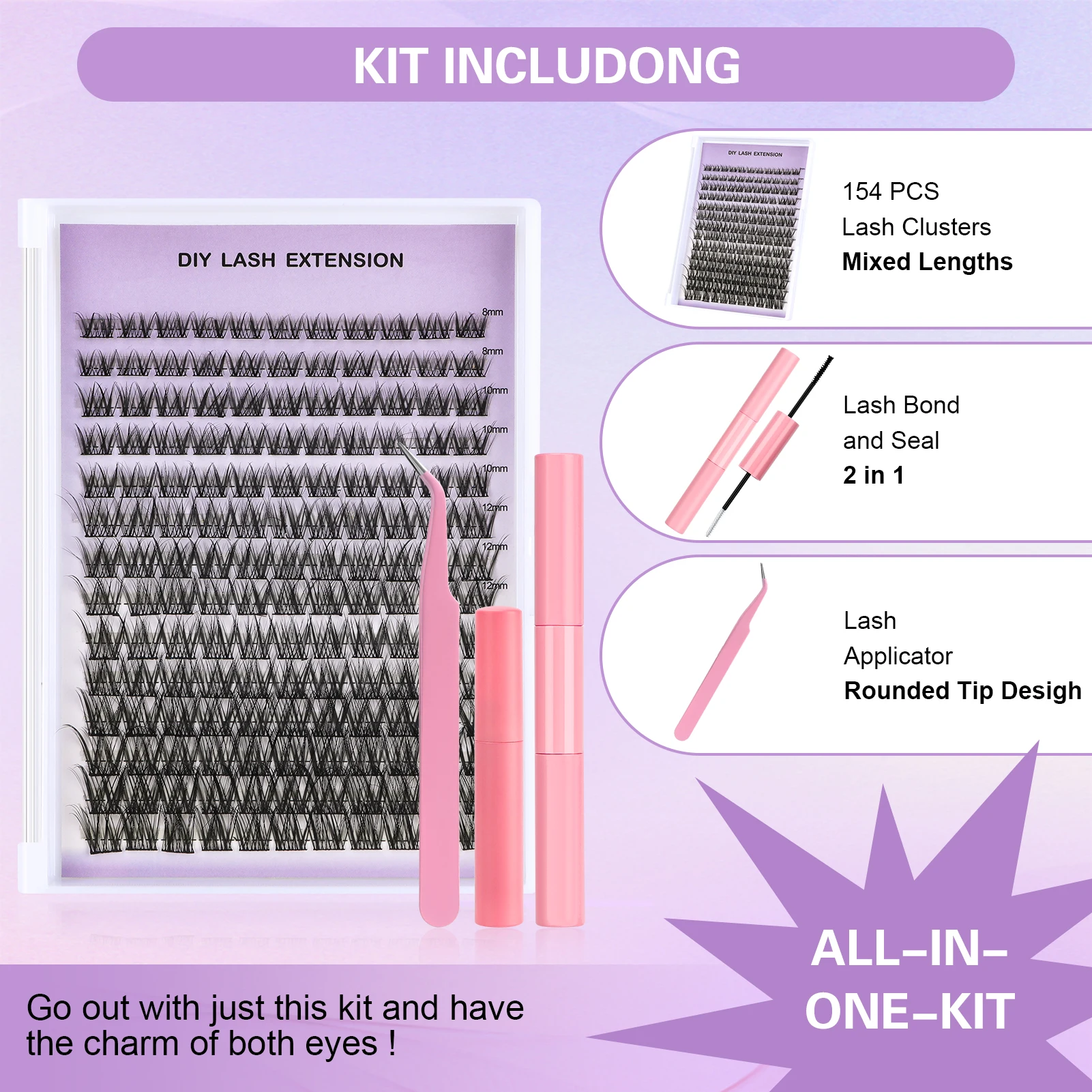 154 Rows Eyelash Extension Kit bond and seal eyelashes 8-16mm Individual Lashes Cluster D Curl Glue tweezers set eye Make up