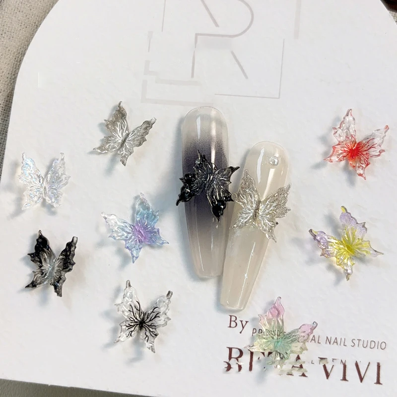 20pcs Ice Through Temperature Softening Butterfly Nail Accessory 3D Gradient Color Butterfly Wearing Nail Resin Drill Decoration