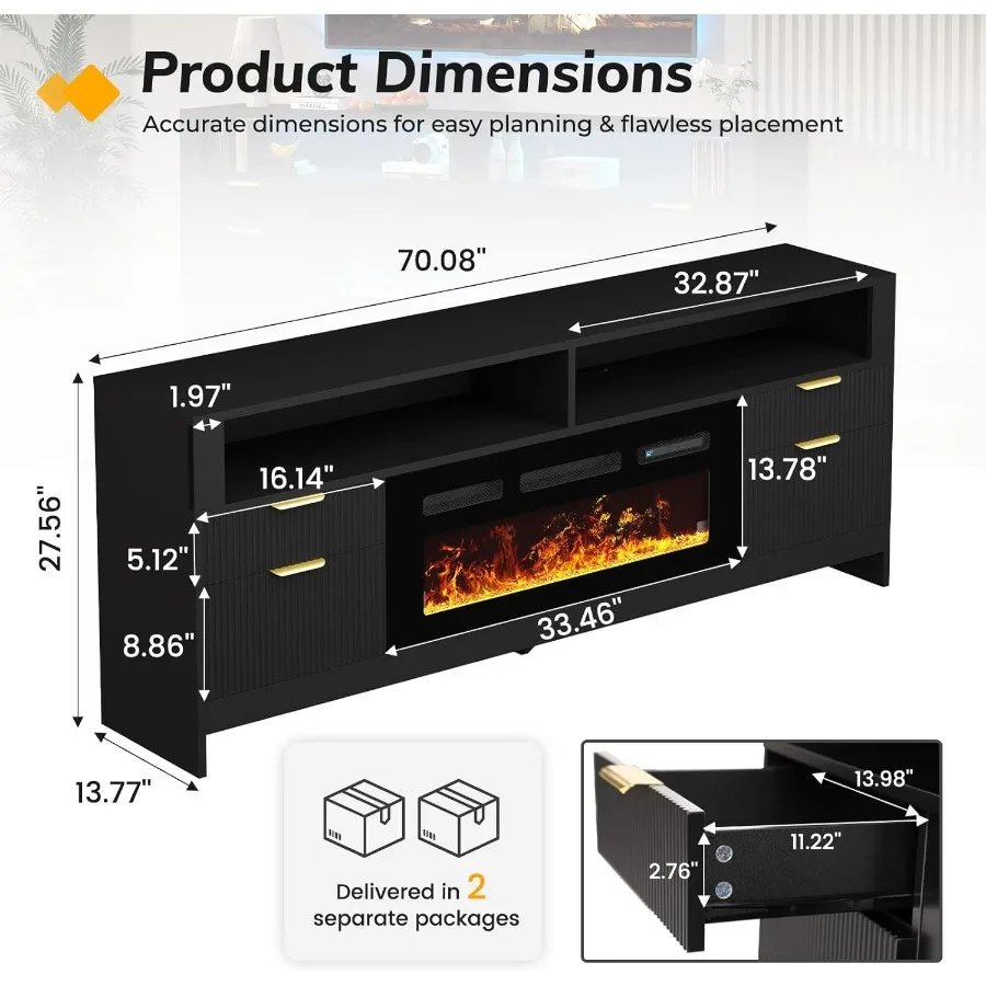 Suporte de TV com 70 lareiras com 36 lareiras elétricas em preto Armário de console de TV moderno com luzes LED para sala de estar Entrada de mídia