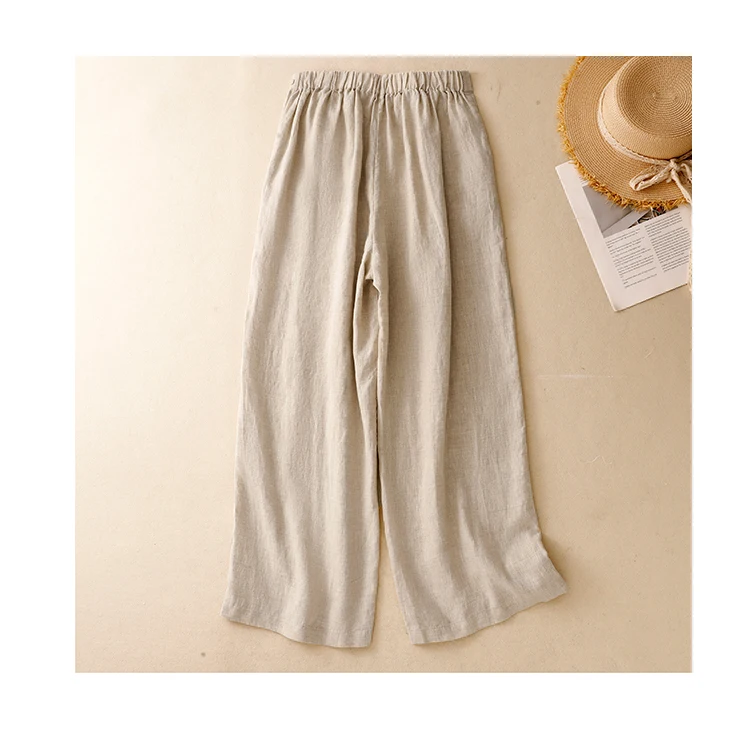 Women's Casual Loose Beige White Cotton Linen Pants Capri Spring Summer Wide Leg Trousers Elegant Ladies Pants