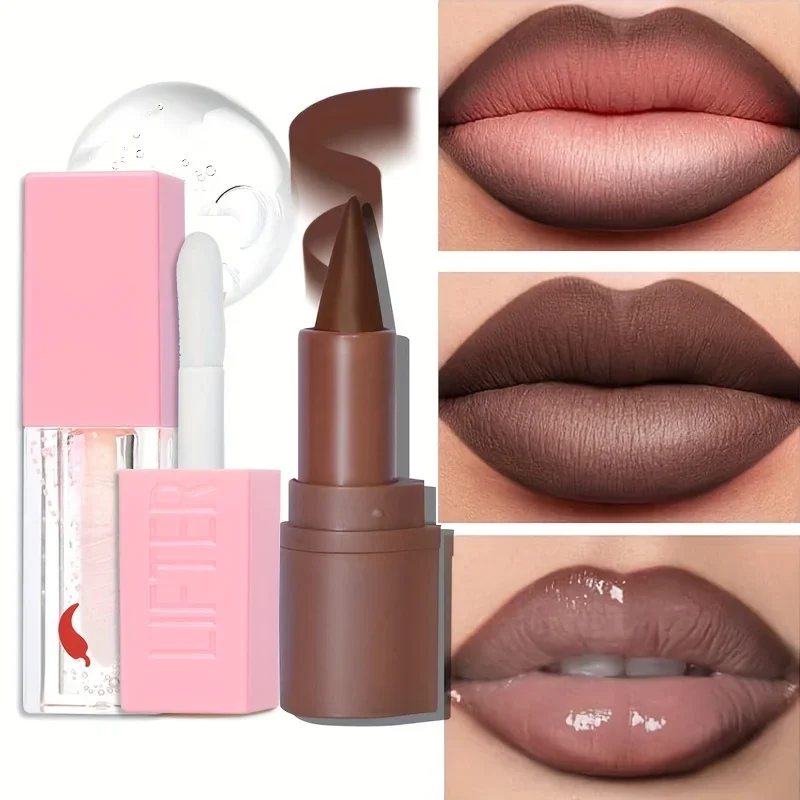 2 Pz/set Olio Per Labbra Caldo + 2 In 1 Rossetto Opaco Lip Liner Rimpolpante Labbra Velluto Impermeabile Lip Liner Lip Combo Lip Tint Trucco