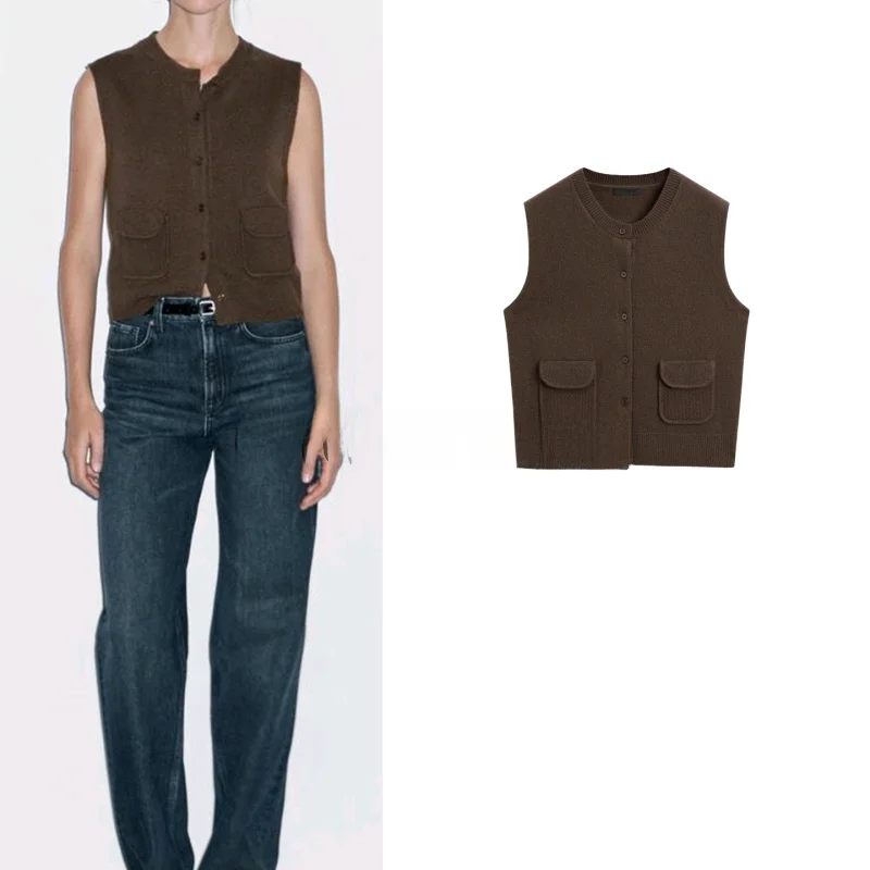 

New Autumn Women's Knitted Soft Cozy round Ne Vest Commute Casual Loose Fit Pure Color Polyester Fiber Long Sve V-Ne