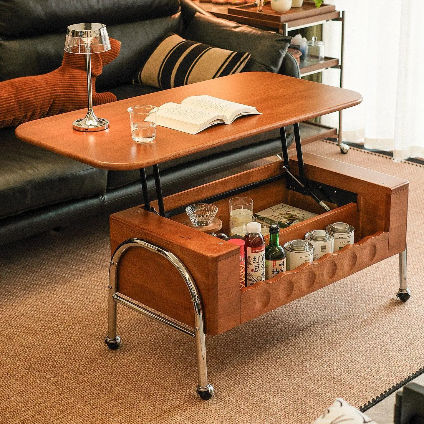 North American cherry wood color living room can be lifted and lowered mobile folding coffee table