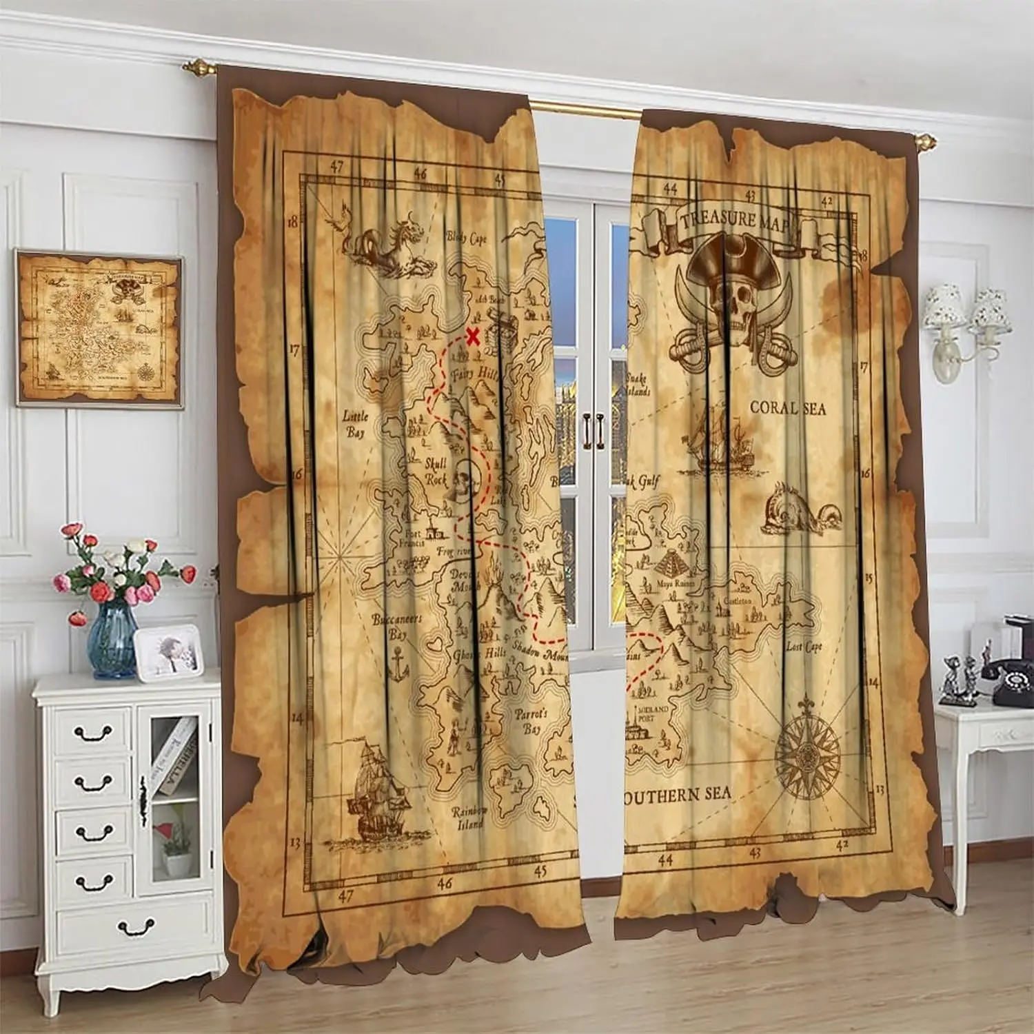 Nautical Island Map Curtains Kids Vintage Old Map Pirate Ship Window Curtains for Bedroom Living Room Ocean Ancient Pirate Skull
