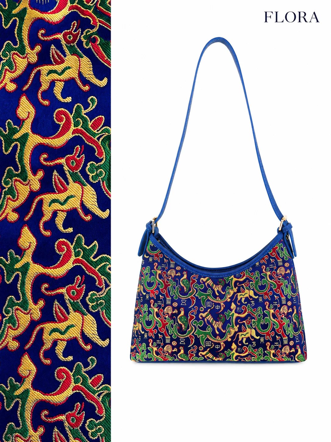 FLORAL Silk Brocade Shoulder Bag Genuine Leather Chinese Style Crossbody Purse Womens Elegant Underarm Handbag Traditional Woven