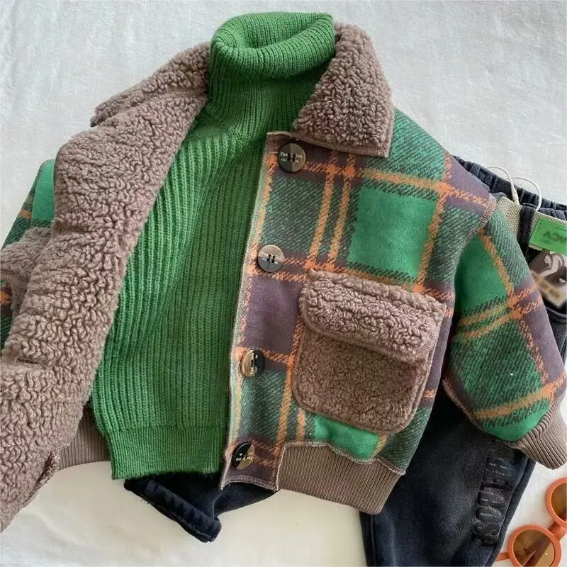 Autumn Winter Baby Boys Thickened Plush Jacket plaid Coats Baseball Clothes Child Fashion Warm Fleece Cotton Clothes Outerwear