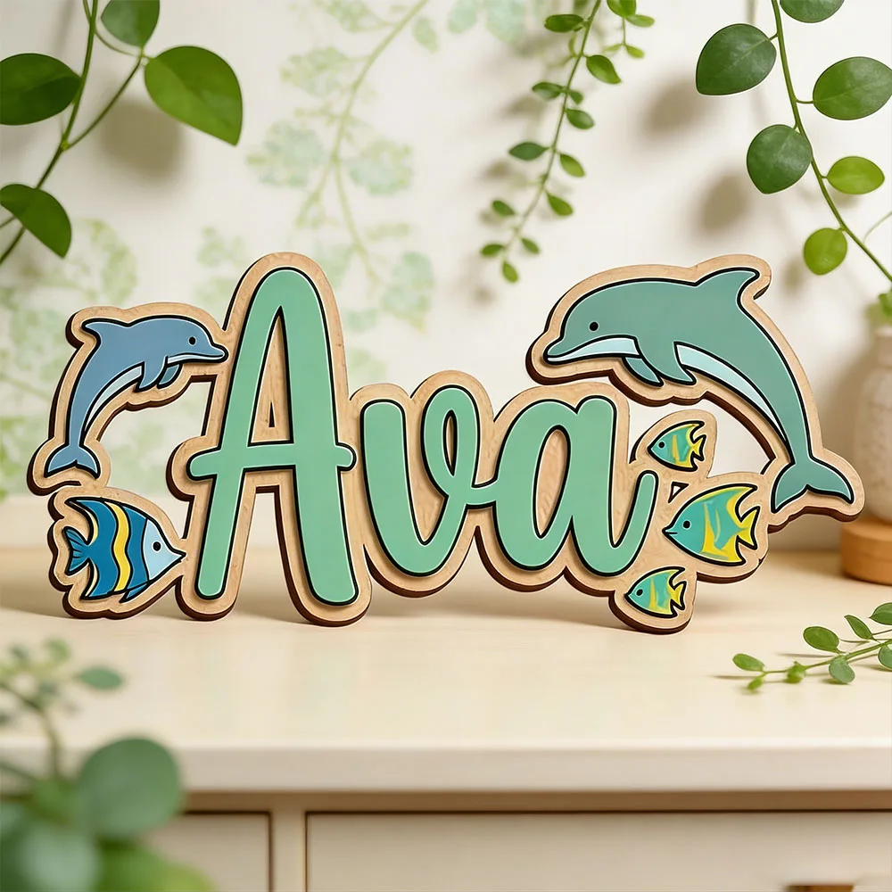 Personalisiertes Delfin- und Tropenfisch-Namensschild für Kinderzimmer, Holz-Wanddekoration für Kinderzimmer, Individuelles Babyparty-Geschenk