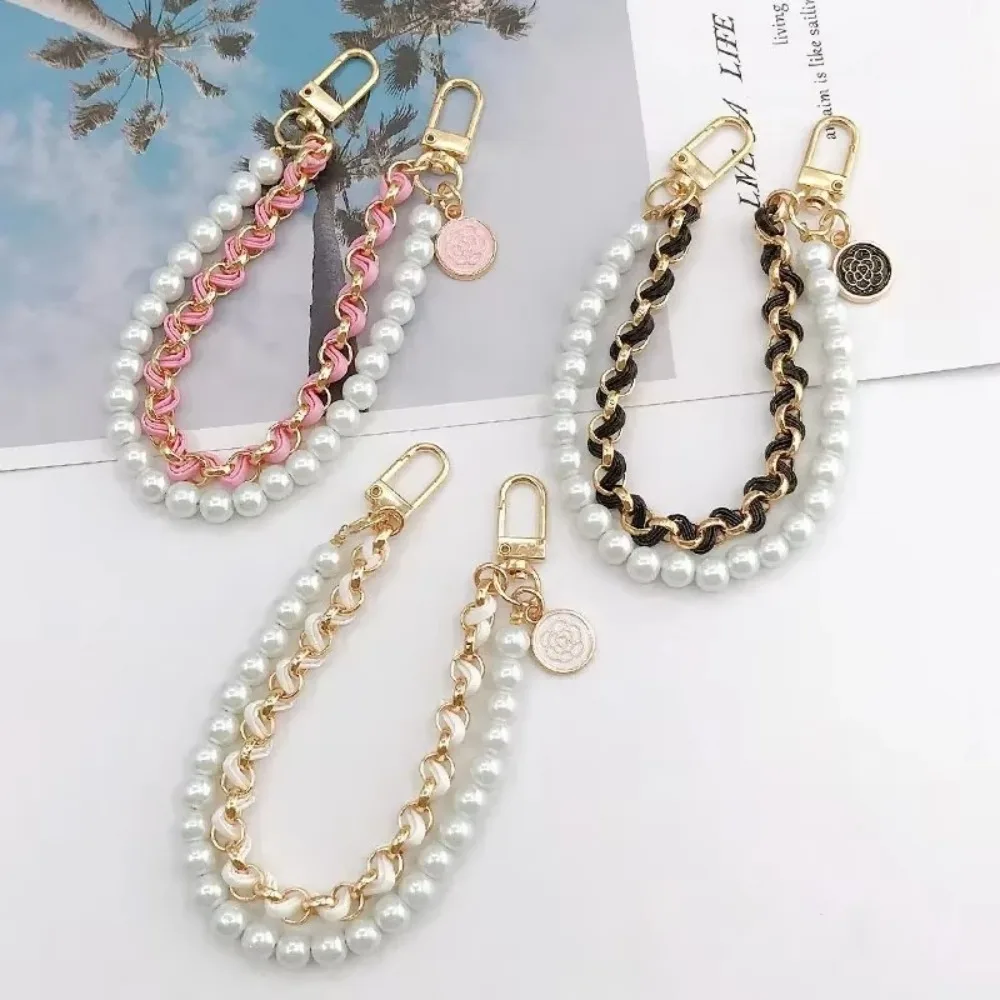 

New 26cm Phone Lanyard Leather Pearl Metal Key Chain Mobile Phone Charm Bracelet Chain Camellia Anti-loss Hand Rope