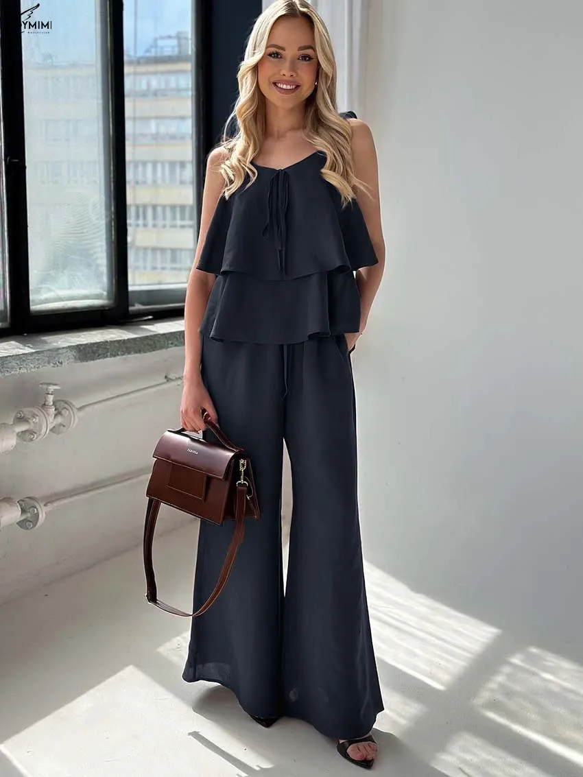 

Oymimi Elegant Blue Cotton Two Piece Set Woman Autumn New Spaghetti Strap Lace-Up Ruffled Tops And Pockets Wide Leg Pants Sets