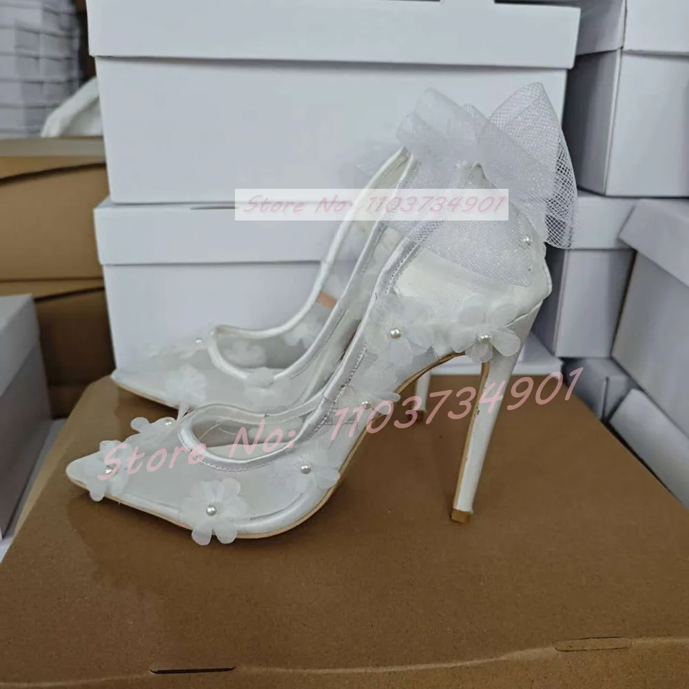 Zapatos de tacón alto de aguja para mujer, calzado elegante con encaje de flores blancas, perlas y lazo, puntiagudos, Sexy, a la moda