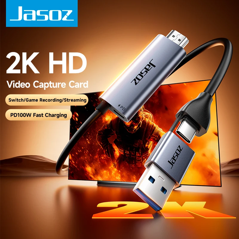 Jasoz Video Capture Card with PD 100W 4K HDMI to USB 3.0 Type C 2K HD Video Grabber for Live Streaming Game Recording PS4/5 Xbox