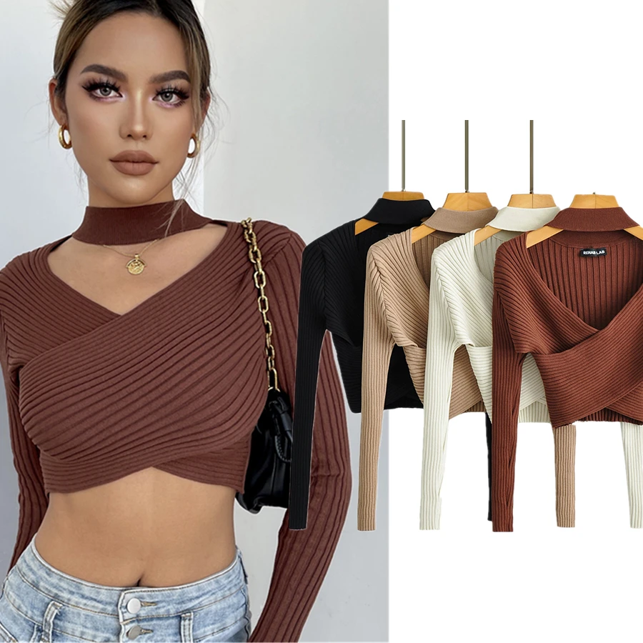 

Jenny&Dave Ins Blogger High Street Halter Hollow Out Sexy Crop Tops Fashion High Waist Overlapping Knitted Tshirt Women