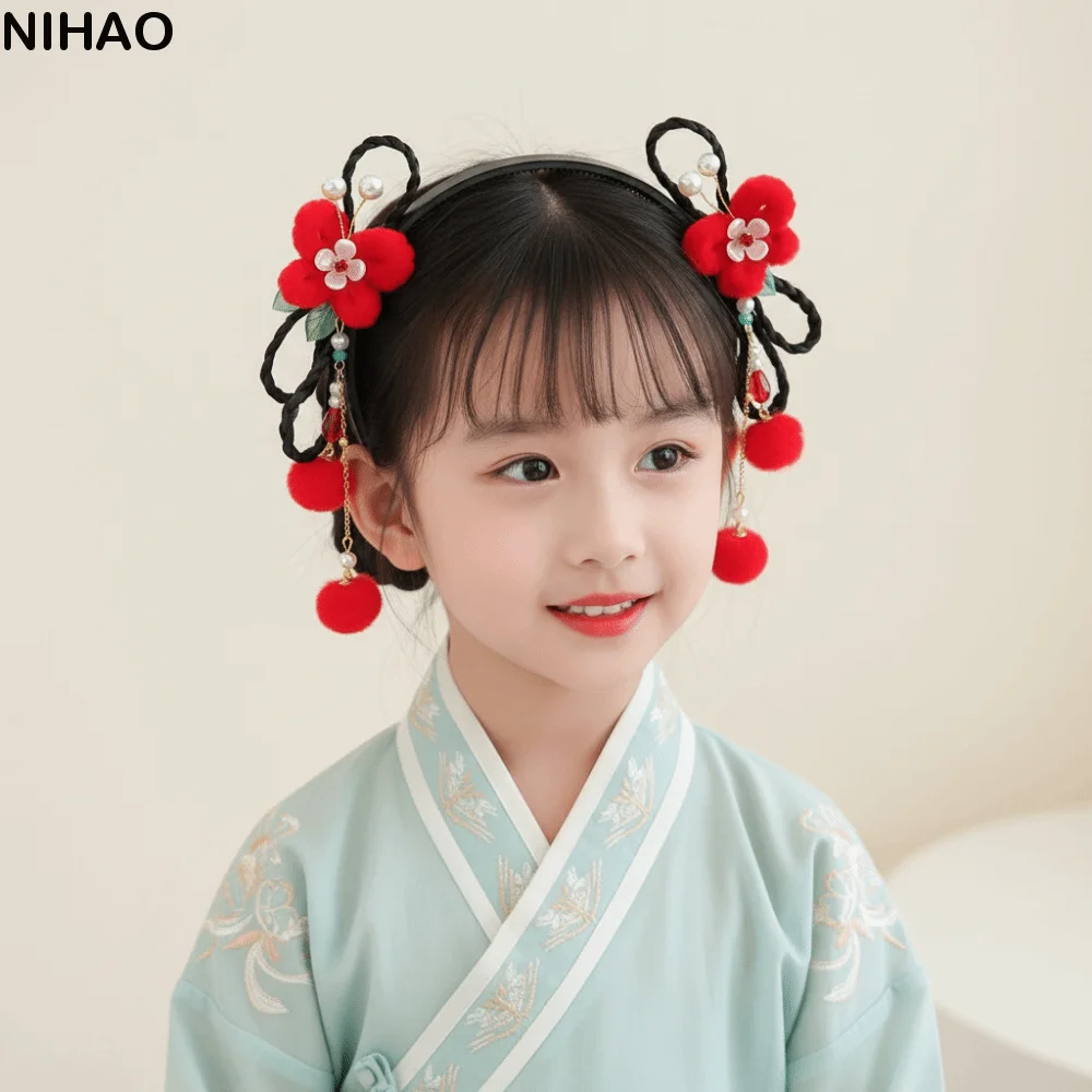 زهرة الأطفال شعر مستعار عقال شرابة فراشة السنة الصينية الجديدة أغطية الرأس تانغ دعوى الشعر هوب أفخم الطراز القديم رباط شعر أحمر