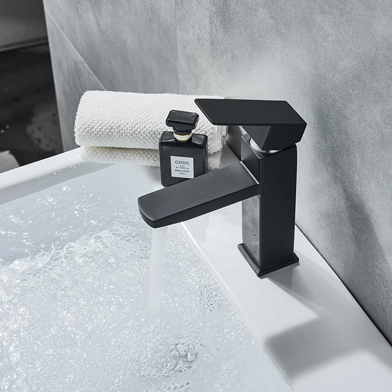 Square Sink Mixer Tap Bathroom Washbasin Mixer Tap Single Handle Pop Up Drain Brass Matte Black Basin Faucet Deck Mounted