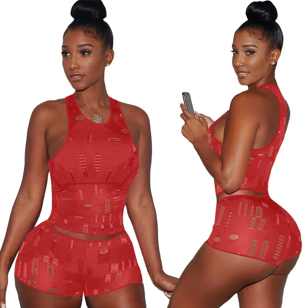 Fitness Hole Hollow Out Summer Two Piece Set Women Solid Sleeveless Vest Crop Tops Bikers Shorts Outfit Yoga Sportwear Tracksuit