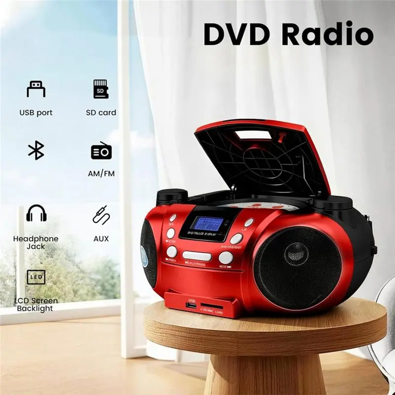 A13E-AM/FM Radio, AUX Input, Headphone Jack, Backlit LCD Display, CD-DVD Player Portable Boombox, CD-R/CD-RW/MP3