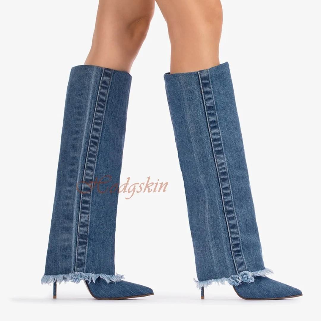 Stiletto Heel Denim Trouser Boots Pointy Toe Solid Slip On Knee High Boots Women Sexy Style Shoes Winter Autumn Casual Party New