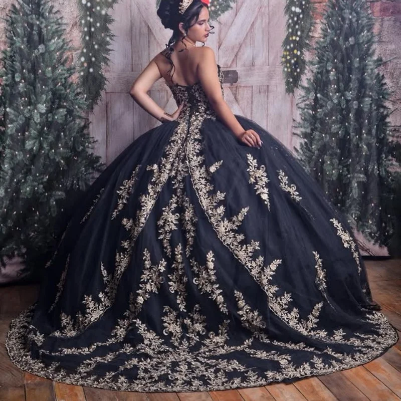 Customized Shiny Black Quinceanera Dresses Off the Shoulder applique Lace layering Long tail Vestido 15 Quinceanera